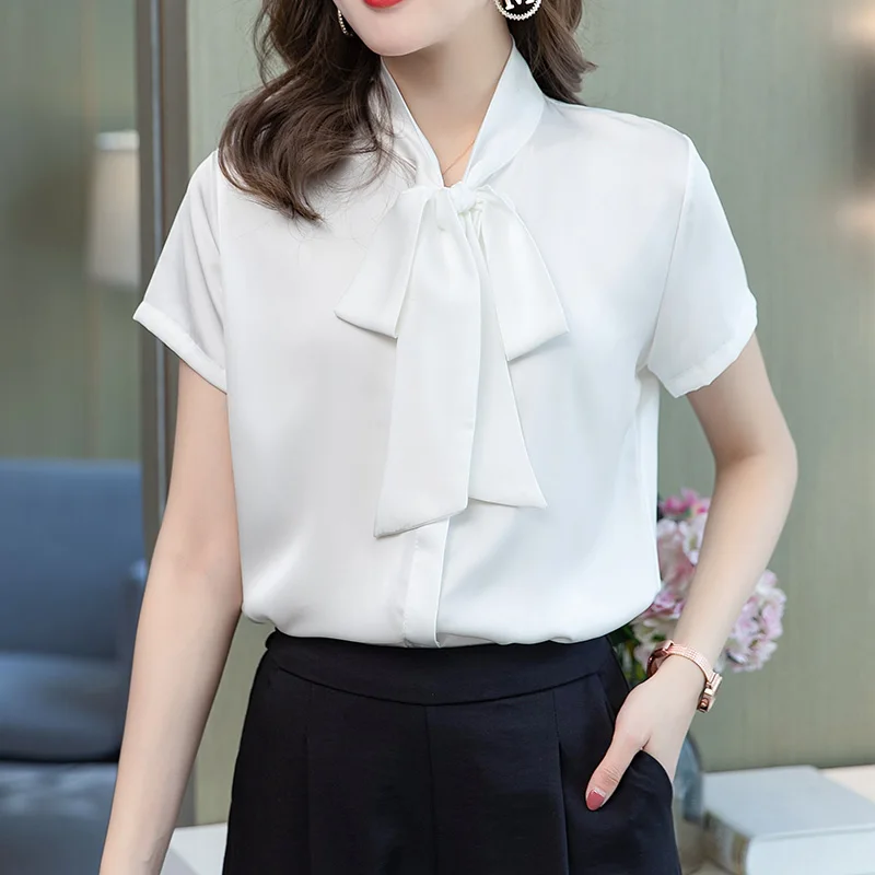 

Лето 2022, новый дизайн, шелковые женские рубашки, сатиновые Модные Изящные офисные женские высокие рубашки с бантом, женские рубашки