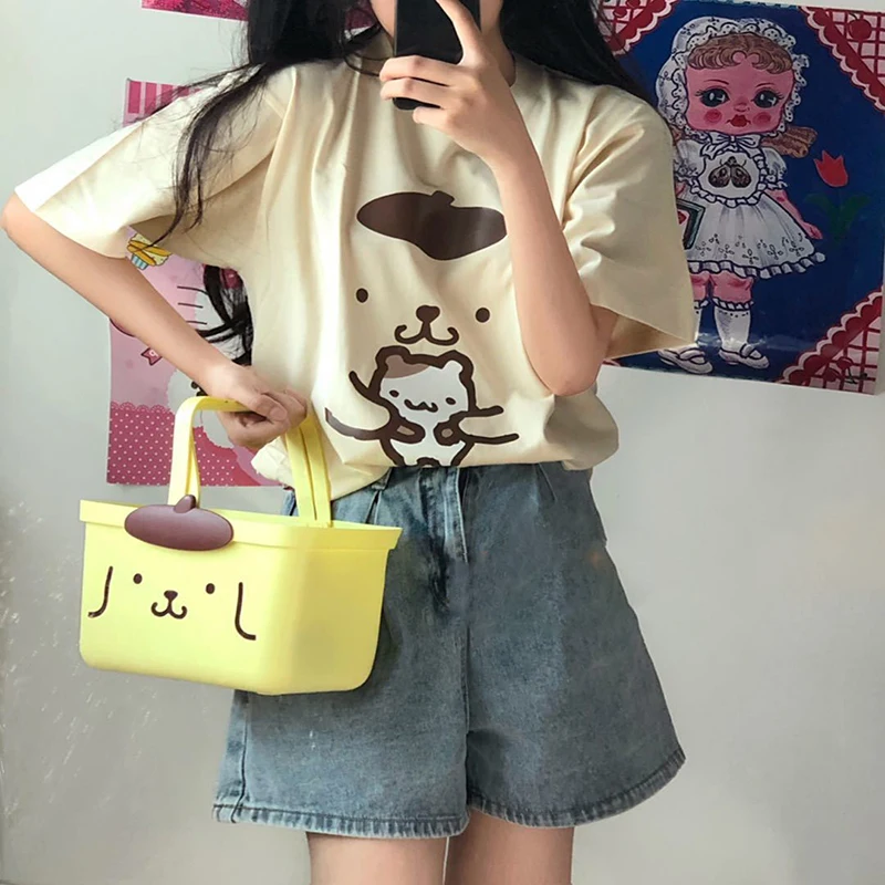 

Kawaii Sanrio Anime T-Shirt Cute Pompompurin Cartoon Summer Short Sleeve Loose Soft Comfortable Originality Children Gifts
