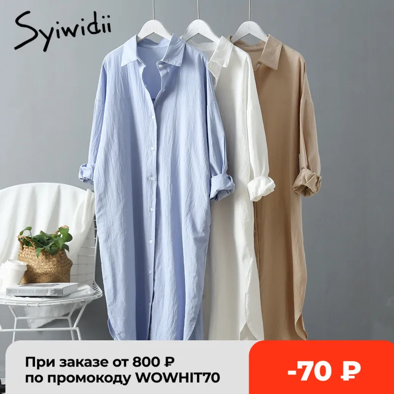 Syiwidii White Shirt Dress for Women Linen Cotton Clothing 2022 Spring Summer Casual Vintage Oversized Pure Long Midi Dresses | Женская