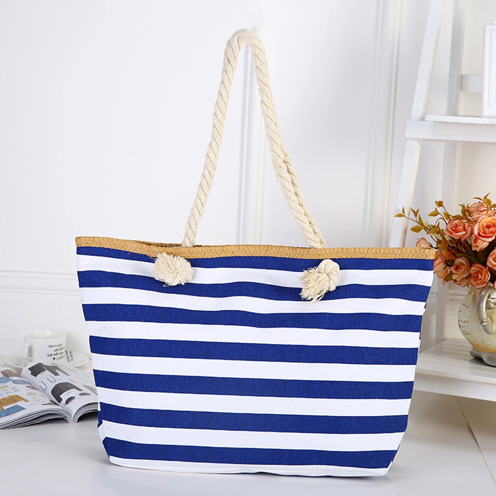 Woman Girl Travel Navy Blue Stripe Canvas Beach Tote Shoulder Bag with Inner Zipper Rope Handle