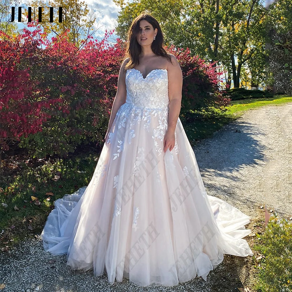 

JEHETH Light Champagne Wedding Dress Sweetheart Sleeveless A Line Bride Gowns Tulle Zipper Back Applique vestidos de novia