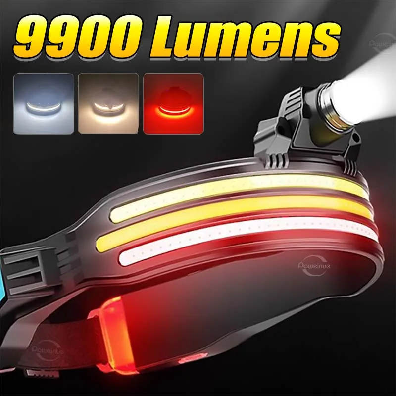 

9900LM Перезаряжаемый светодиодный налобный фонарь Мощный COB Рабочий свет Кемпинг Рыбалка Головной фонарик Фонарь с красным задним фонарем