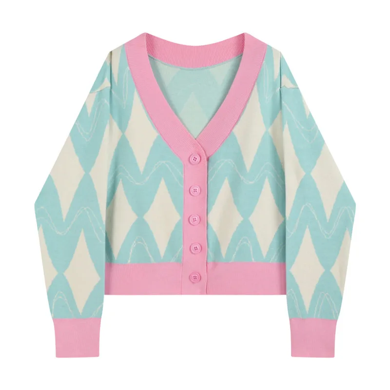 

Single Breasted Casual Vintage Harajuku Knit Cardigan Sweater Women Female Elegant V-Neck Long Sleeve Loose Plaid Sweaters Tops