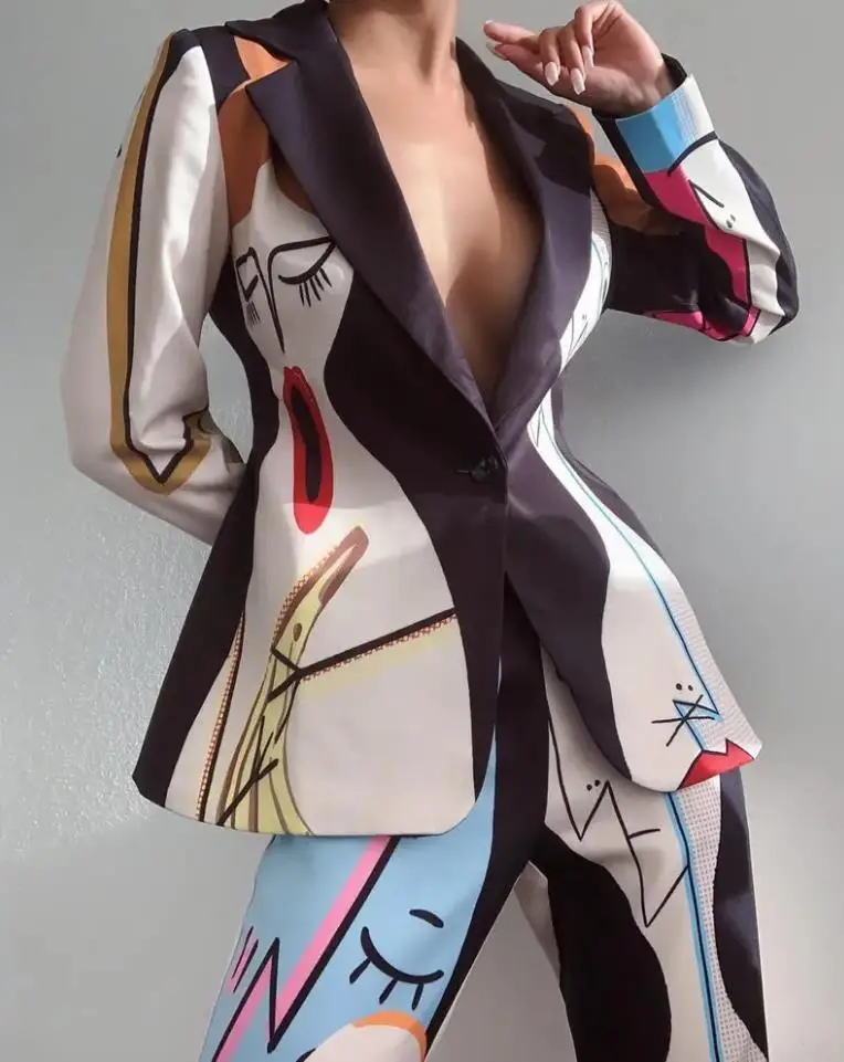 Abstract Figure Print Lapel Collar Blazer Women Double Breasted Office Lady Loose Classic Coat Suit Jacket Outwear Outfits