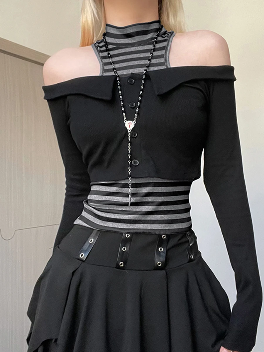 

Женский Стильный винтажный комплект из 2 предметов Y2K, облегающая футболка в полоску с длинным рукавом и открытыми плечами и высоким воротом, идеально подходит для повседневной носки