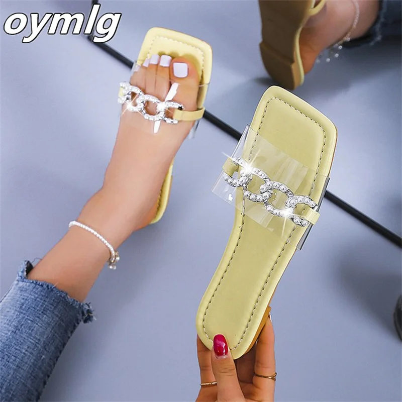 

2022new transparent flat bottom one-word chain sandals and slippers women's large size 43 casual outer wear beach slippers women