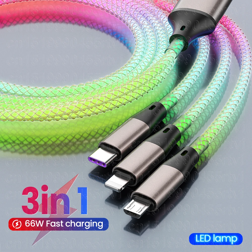 

5A 3in1 RGB Luminous USB Cable For iPhone 8 Pin Micro USB Type C Fast Charger For Huawei Xiaomi Samsung USB Data Cable Cord 1.2M