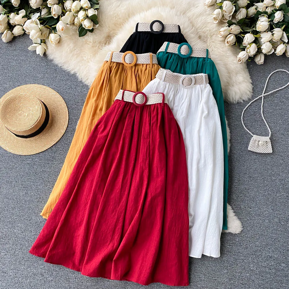 

New Fashion Women Summer Cotton and Linen High Waist Skirt Retro Slim Solid Color Skirts Clothes E955