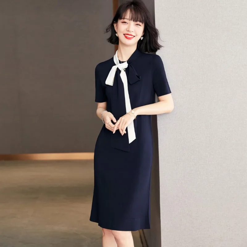 

Fashion Summer Knitted Dresses Short-sleeved Contrast Bow Dress for Women