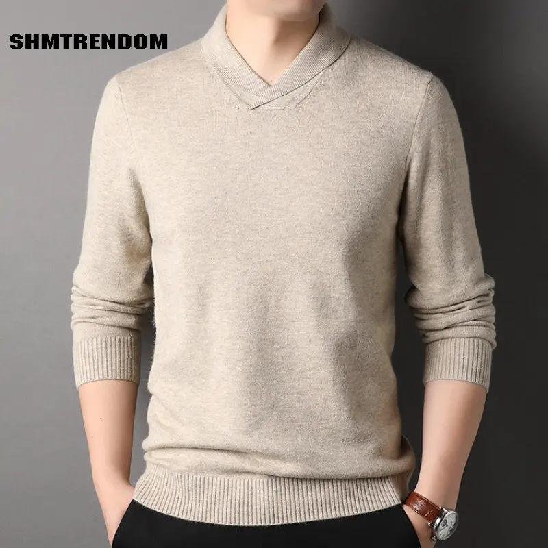 

SHMTRENDOM Computer Knitted Mens Sweaters Luxury Long Sleeve V Collar Spring Autumn Solid Color Pullovers Casual Male Sweater