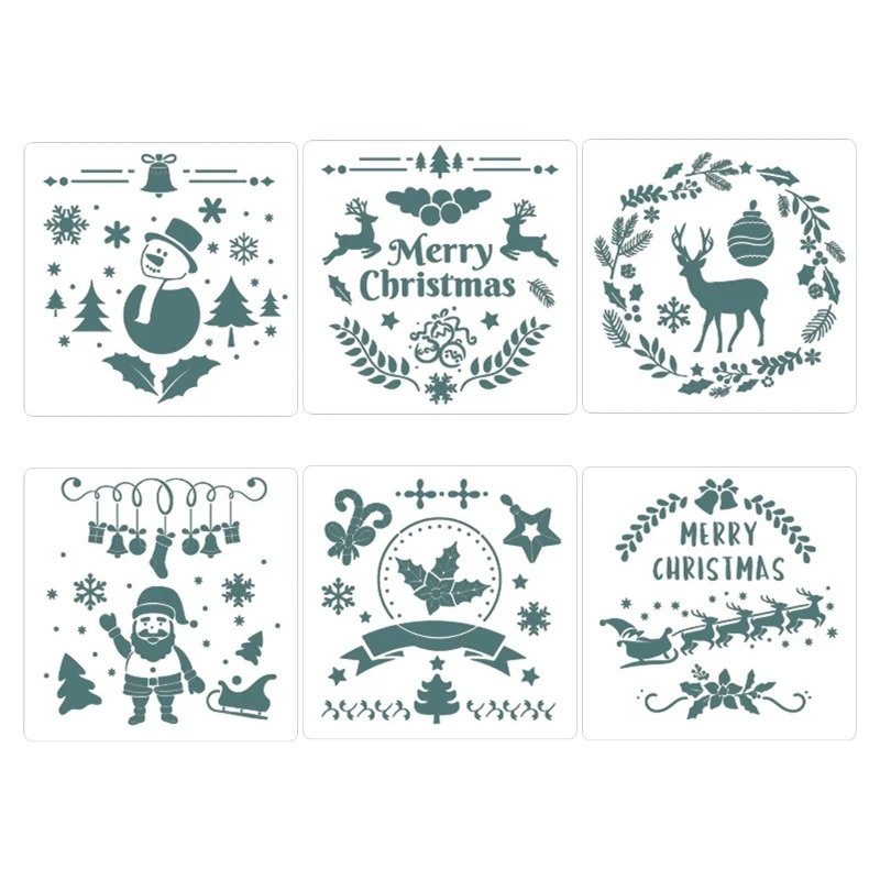 

6 Kit Xmas Painting Stencils Reusable Drawing Templates Hollow for DIY Boy Girl