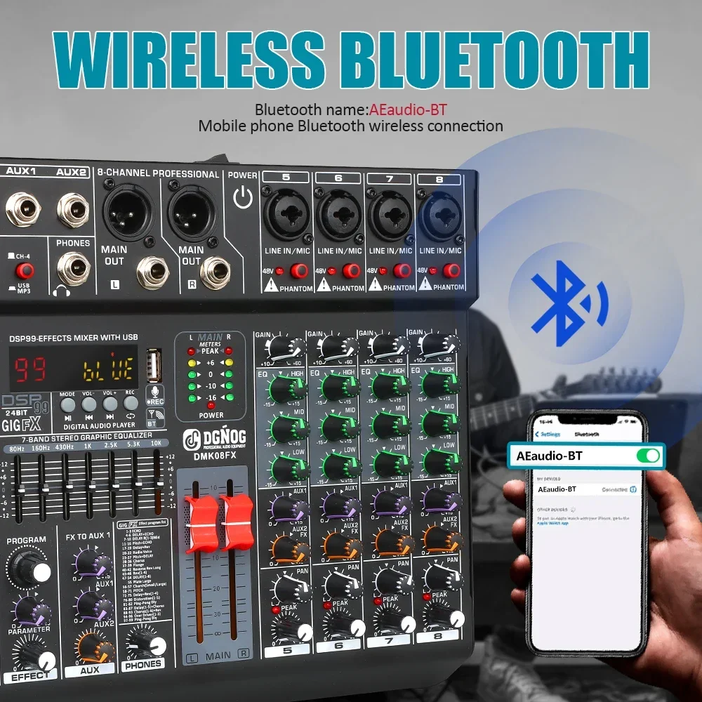 Dgног 6-канальный аудио микшер смешивание DJ консоль USB Bluetooth с 48V фантомным питанием
