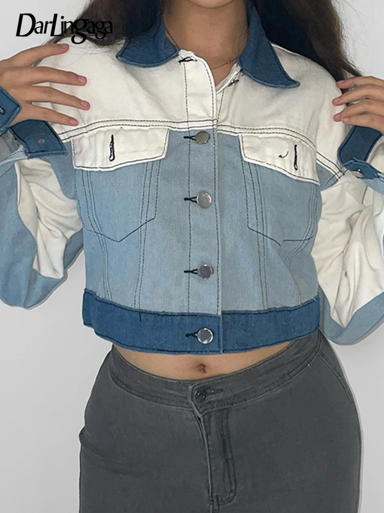 

Повседневная укороченная Осенняя джинсовая куртка Darlingaga в стиле пэчворк, Женская Корейская одежда, пальто на пуговицах контрастных цветов ...