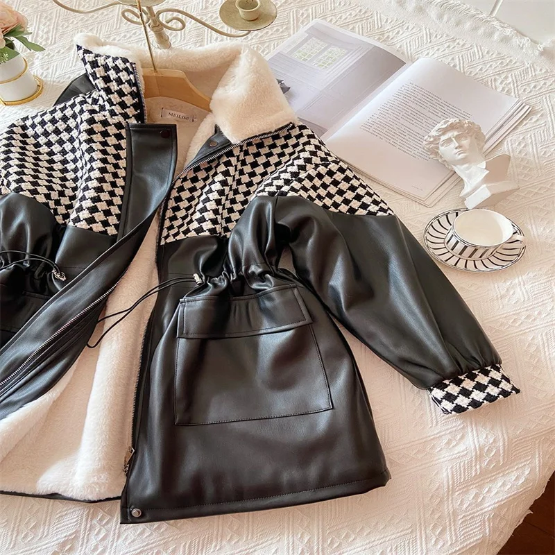 Sheepskin PU Leathe Down Jacket Female Winter 2023 Oversize New In Outerwear Checkerboard Women  Zipper Casual Plush Hooded
