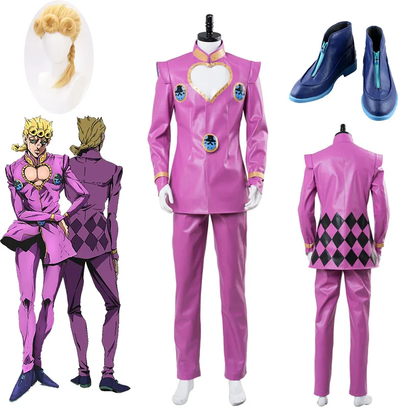 Anime Jojo Bizarre Adventure Giorno Giovanna Cosplay Costumes Golden Wind Jojo Giorno Costumes Pink Suit Uniform Wigs New