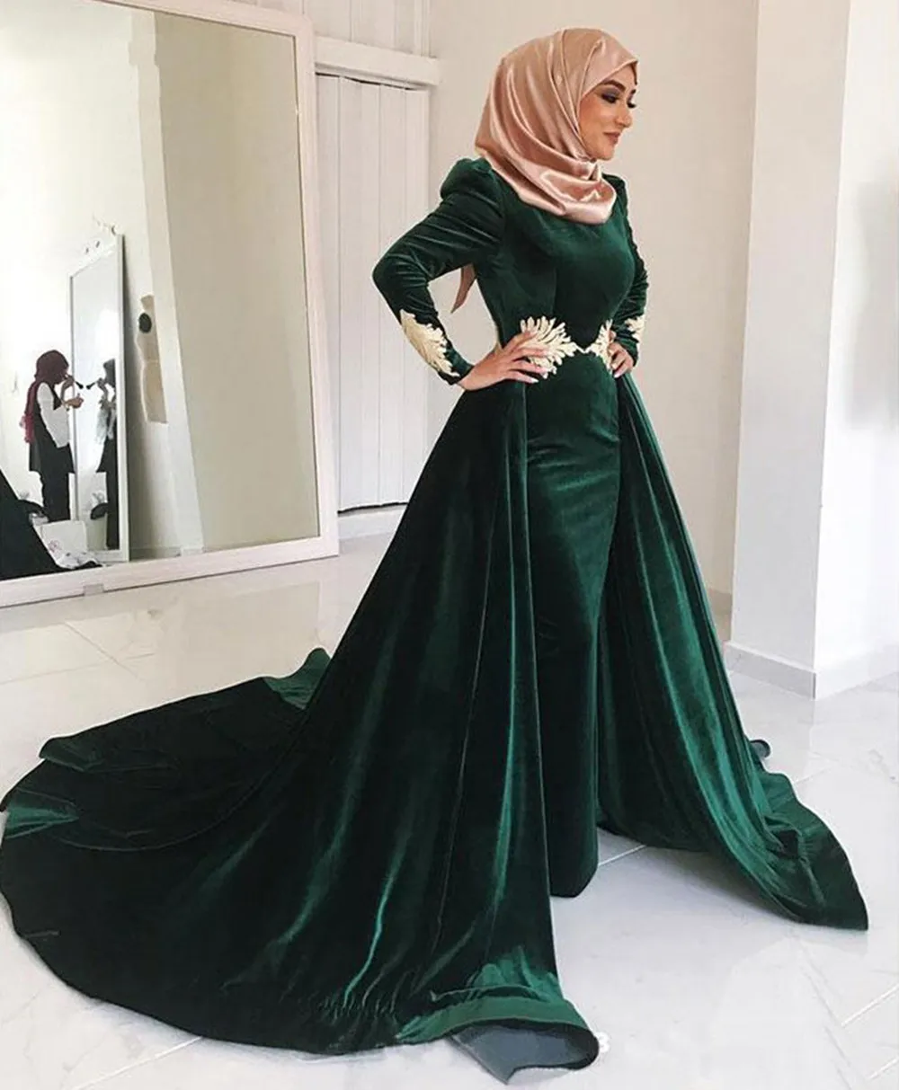

2022 Caftan Hunter Green Muslim Mermaid Prom Dress Velvet Long Sleeve Applique Over skirt Evening Gowns Formal Party Dress
