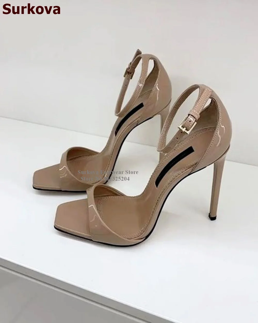 Surkova Pink Patent Leather Square Toe High Heel Sandals Buckle Strap Stilettos Concise Dress Pumps Nude Leopard Mirrow Leather