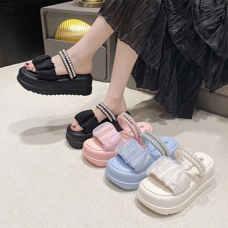 New 2023 Pearl Strap Chunky Sandals Women Summer High Platform Wedges Slippers Woman Fashion 7CM Heels Thick Bottom Beach Slides