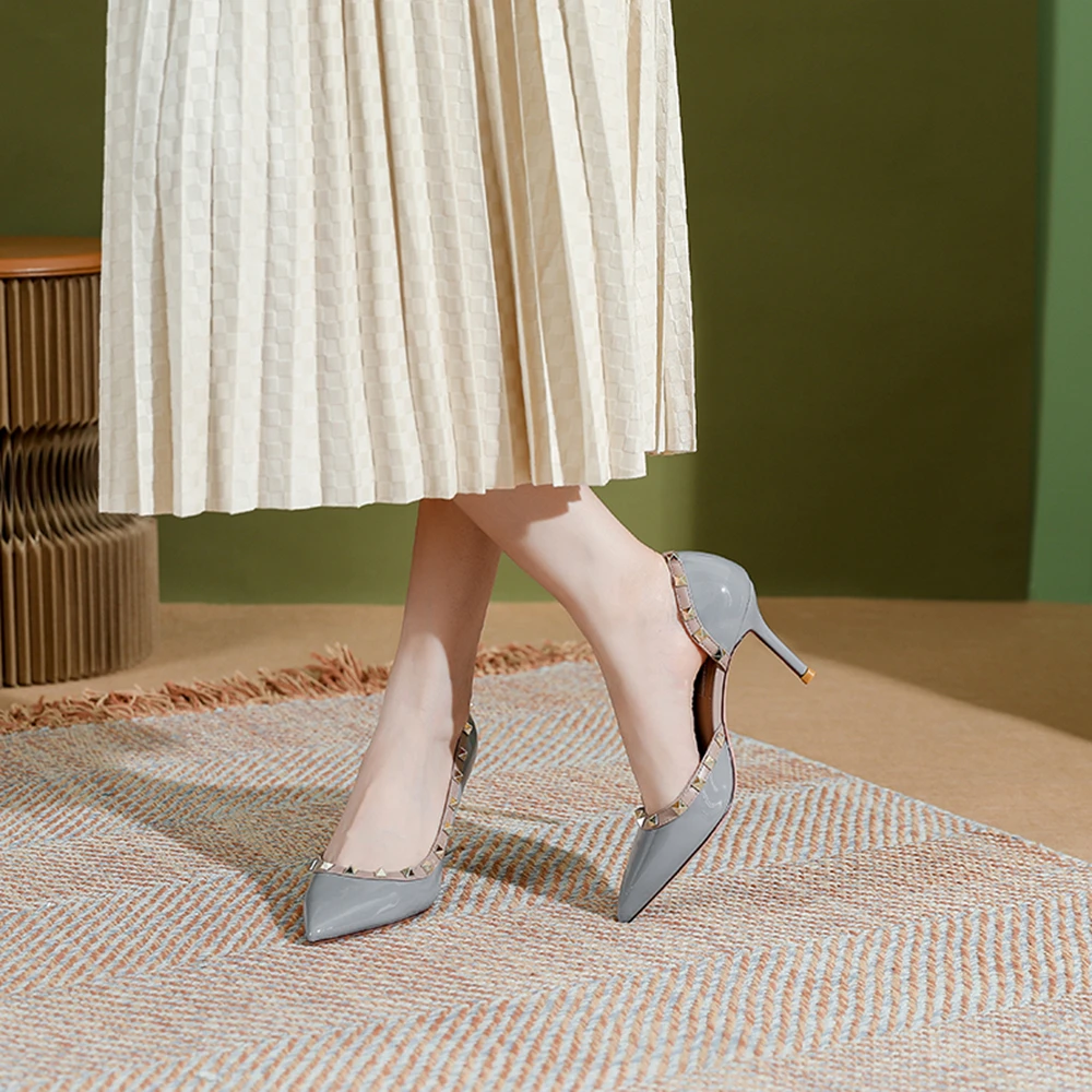 2023 Summer New Lacquer Leather Rivet Pointed High Heels Fashion Side Hollow Shallow Mouth Women's Thin Pumps Single Shoes 33-41