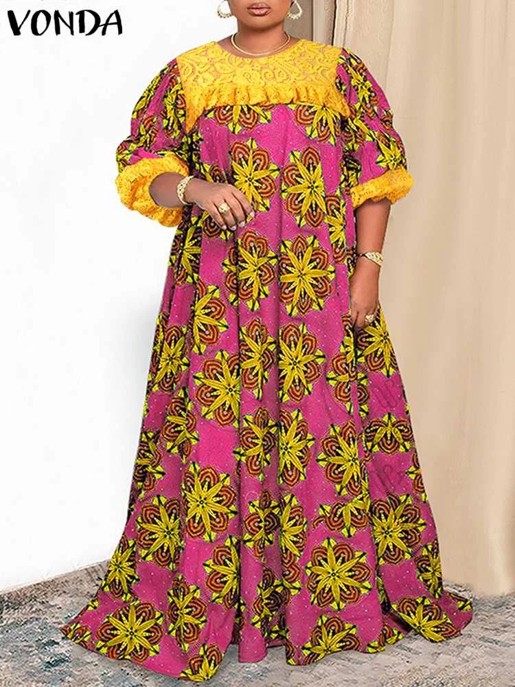 

2023 летнее женское богемное длинное платье VONDA с цветочным принтом и рукавами-фонариками, Макси Сарафан, повседневный свободный кружевной пэчворк, праздничный Халат