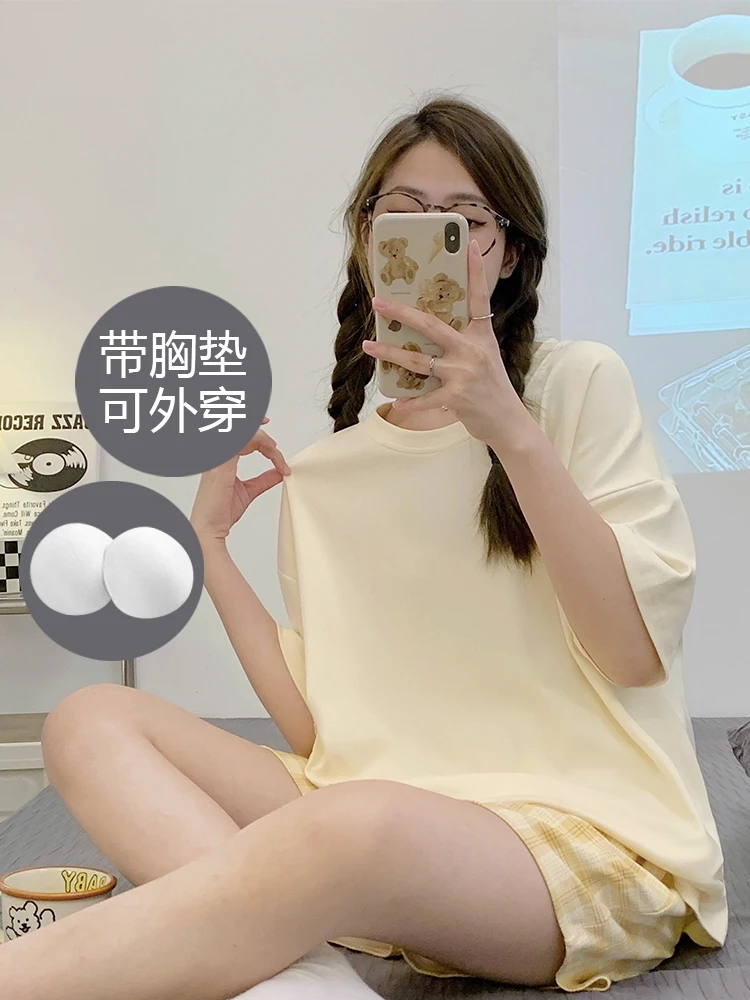 Women's Pajamas Summer With Chest Pad One Short sleeve Shorts Loose Set 2024 New Casual Home Wear