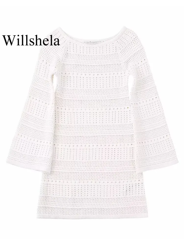 

Willshela женское модное бежевое вязанное мини-платье с круглым вырезом и длинными расклешенными рукавами, женские шикарные платья