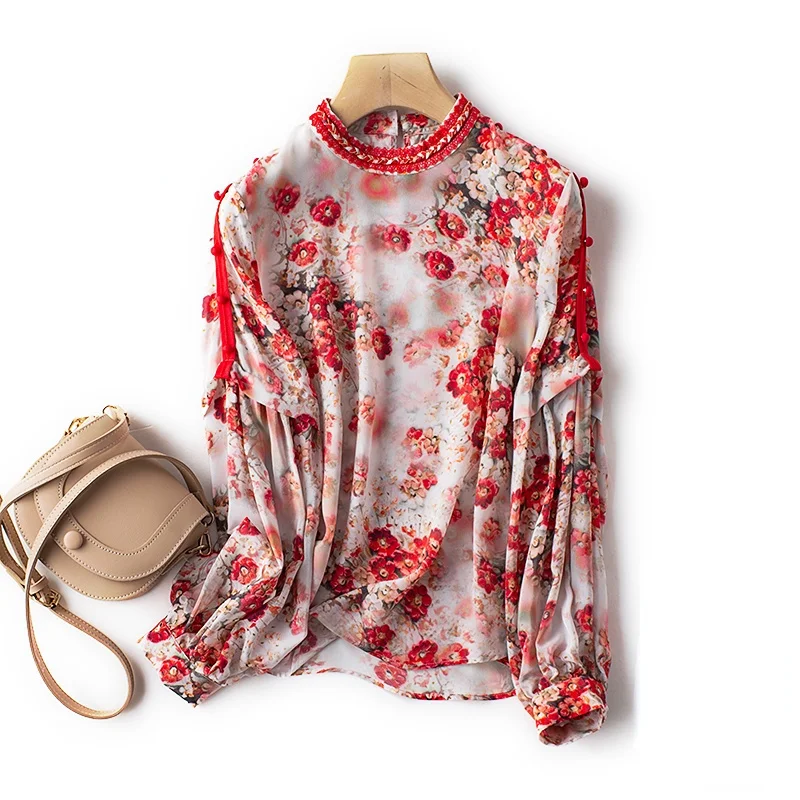 

100% Real Silk Blouse Tops Women Spring and Summer Floral Print Long Sleeve Blouse Elegant Woman Shirt Blusas Mujer