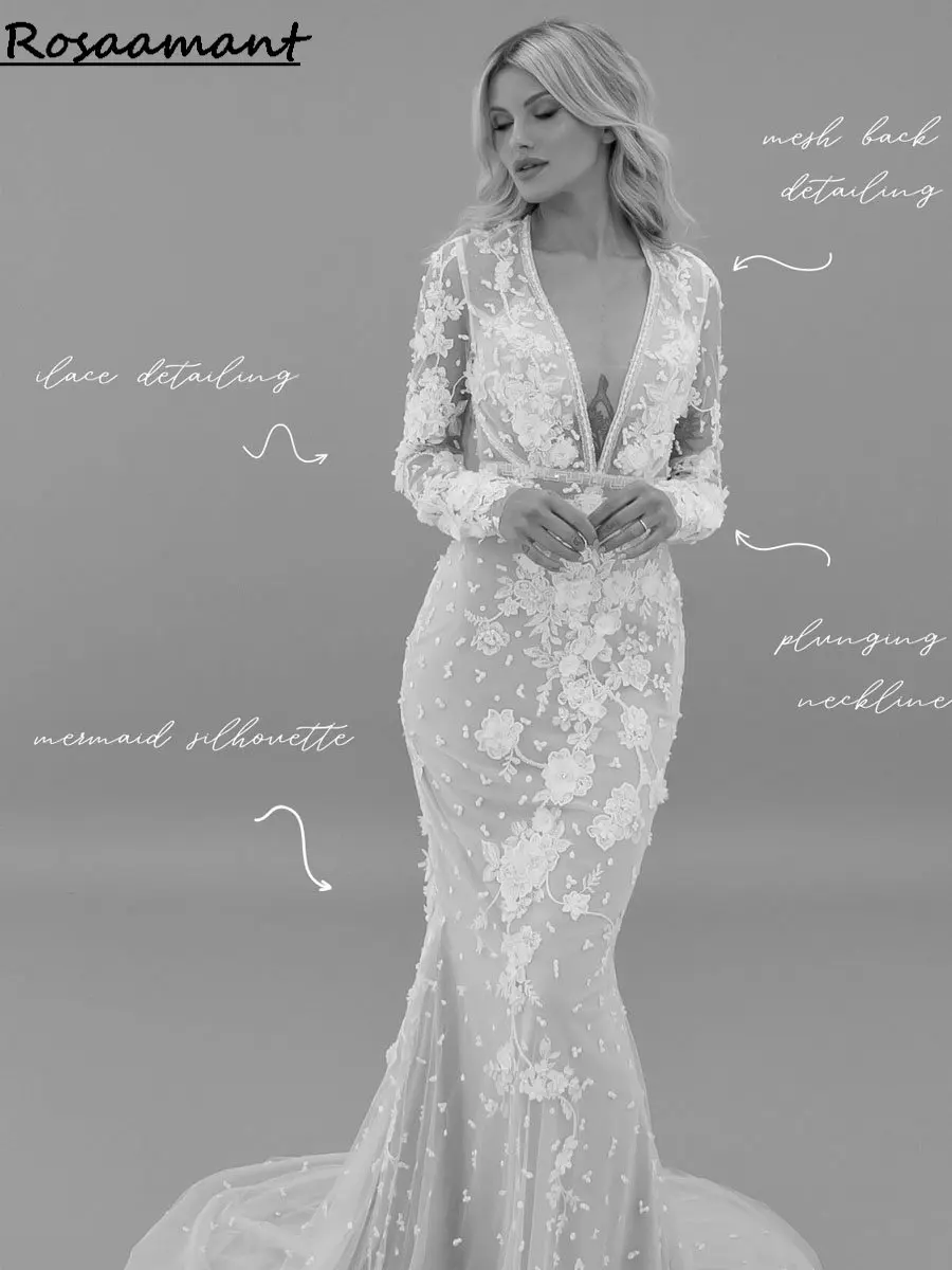 

Sexy Deep V-Neck 3D Flowers Appliques Lace Mermaid Wedding Dresses Illusion Long Sleeve Vestidos De Novia Beach Bride Gowns