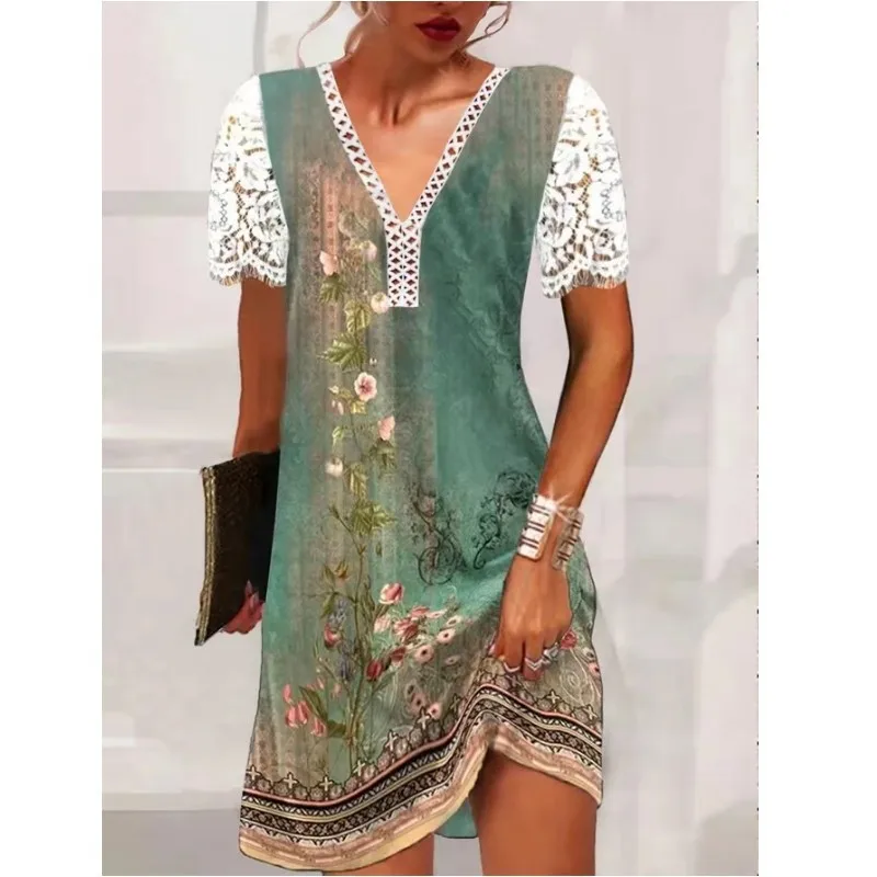 

Mazon Cross Border Europe And America Summer New Ethnic Style Print Casual Lace Retro Short Sleeve Women's Dress Dresses Women