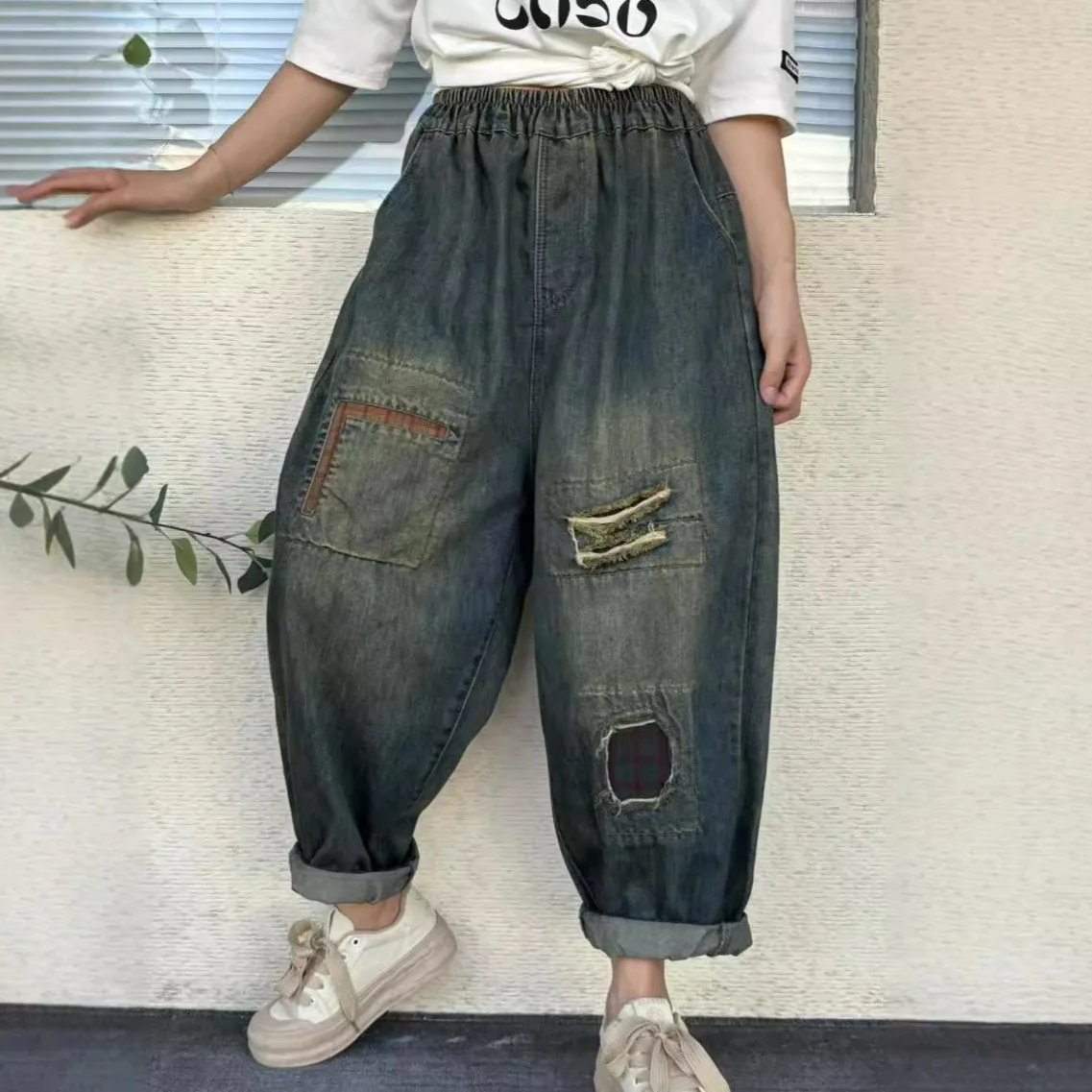 Брюки-султанки женские рваные в этническом стиле свободные джинсовые штаны