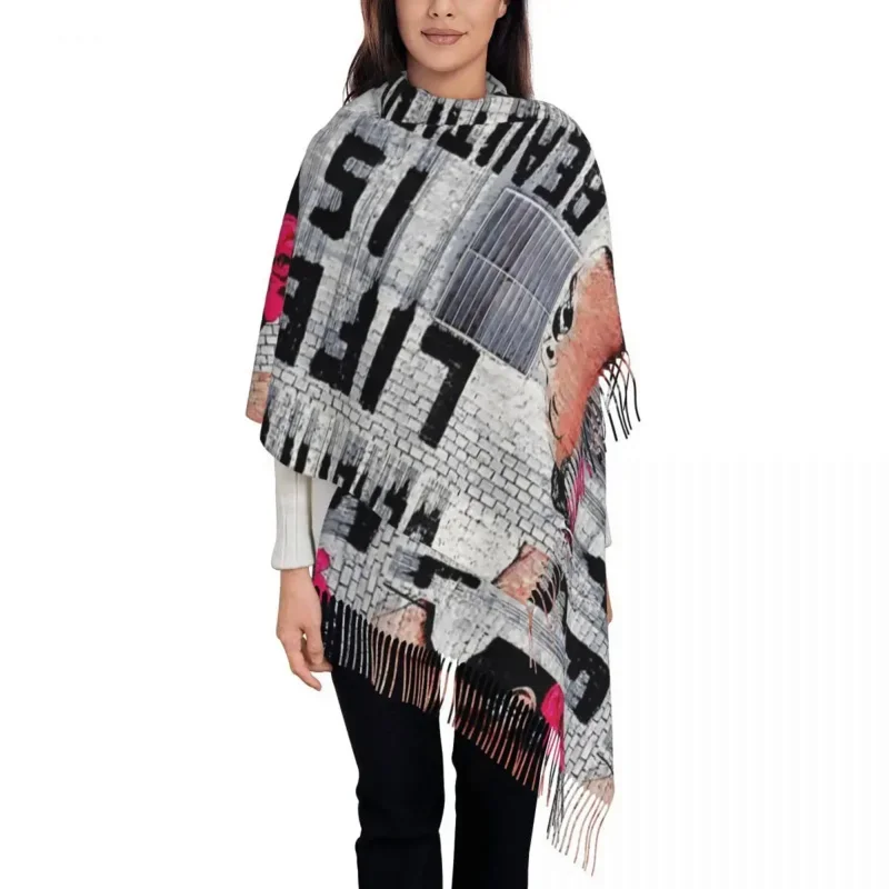 

Life Is Beautiful Banksy Graffiti Scarf Women Winter Fall Cashmere Shawl Wrap Large Scarves With Tassel For Evening Dress