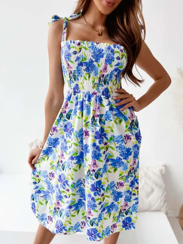 

Summer Women Flower Print Sexy Lace Up Dress Fashion Casual Sling Sleevelss Square Collar A-Line Slim Dress Women Beach Dress