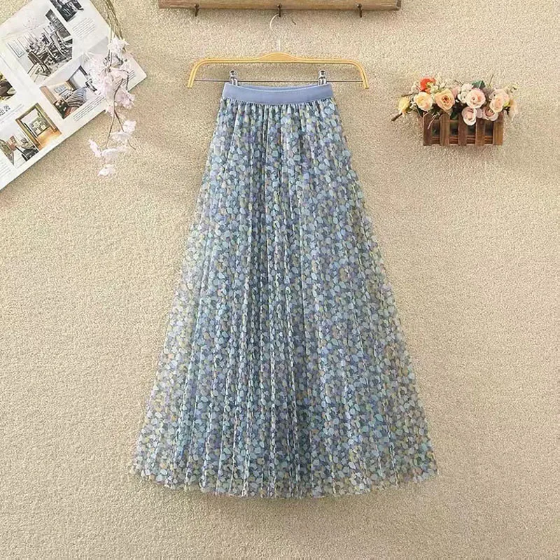 

Floral Mesh Skirt Women's Spring And Autumn Tulle Print Elastic Waist Mid-length Skirt Pleated S-line Gauze Skirt Long Skirt