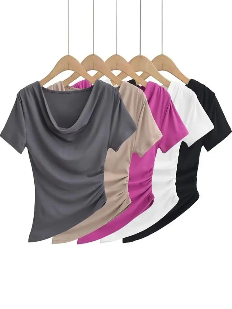 

MESTTRAF женские 2023 сексуальные летние топы с цветочным воротником и боковыми плиссированными асимметричными подолом, облегающие Женские повседневные футболки с коротким рукавом, шикарные топы