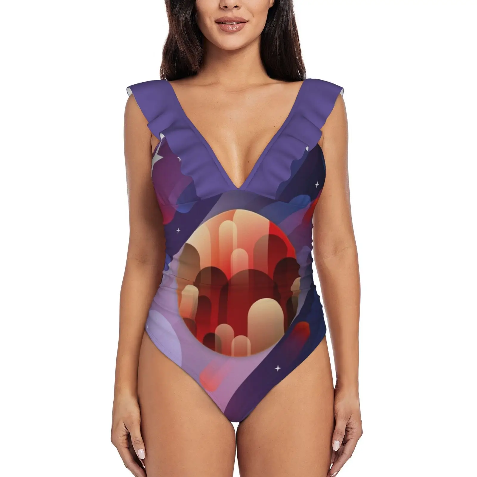 

Цельный купальник Mars с рюшами, женский купальник, монокини с пуш-ап, сексуальный купальный костюм с принтом, везде векторное цифровое искусс...
