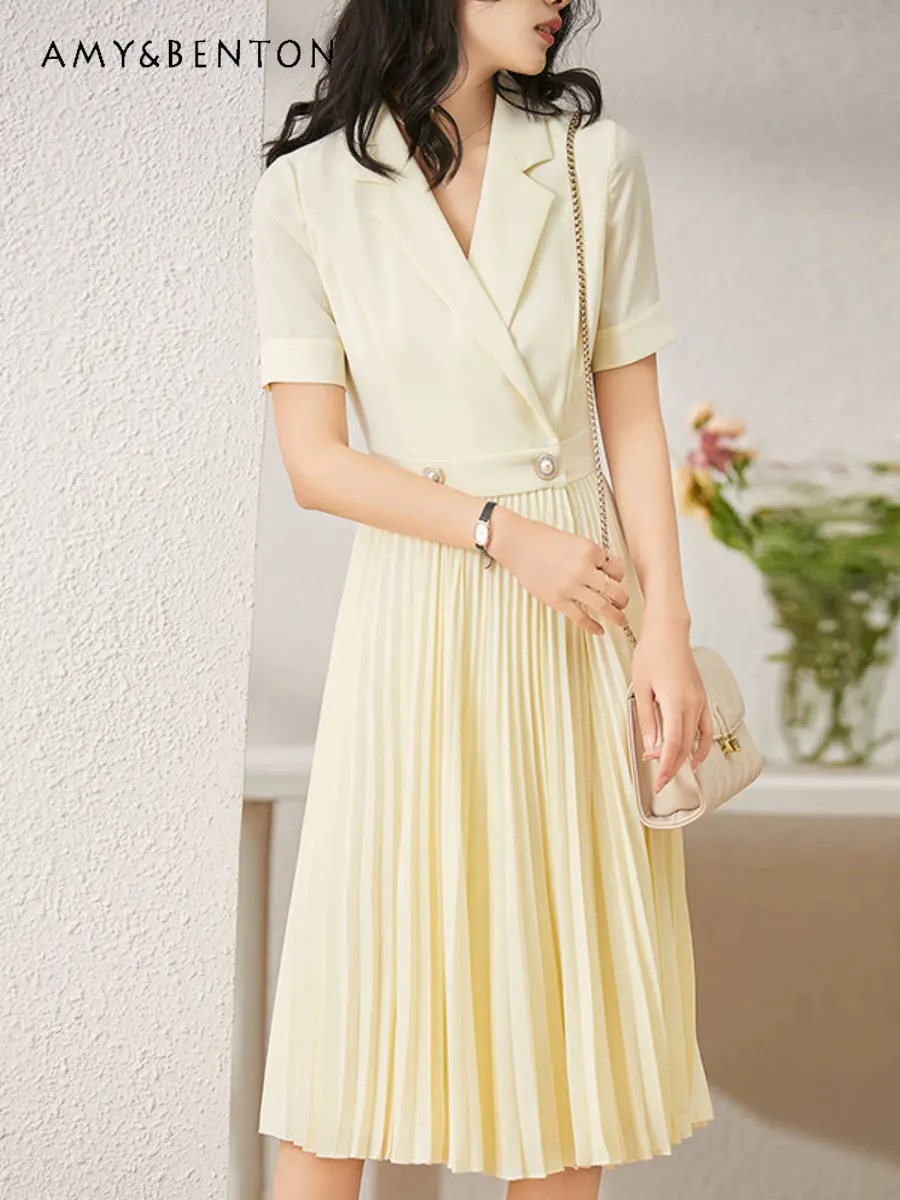 Short Sleeve Business Suit Dress Women's Summer Design Pleated New French Style Solid Color Ol Office Lady Mid-length Dress