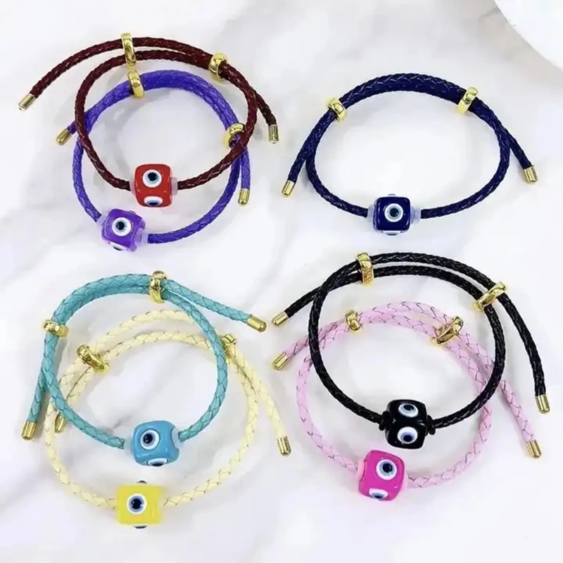 

10Pcs 2023 Fashion Leather Adjustable Bracelet For Women Men Lucky Square Eye Charm Bracelets Daily Jewelry Rope Bracelets