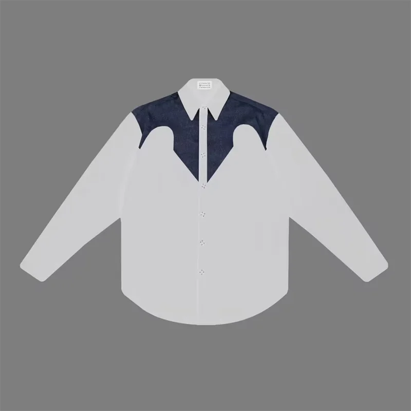 

MM6 Long Sleeved Shirt With Button Print And Patchwork Japanese Casual Beach Campus Style Black And White Shirt