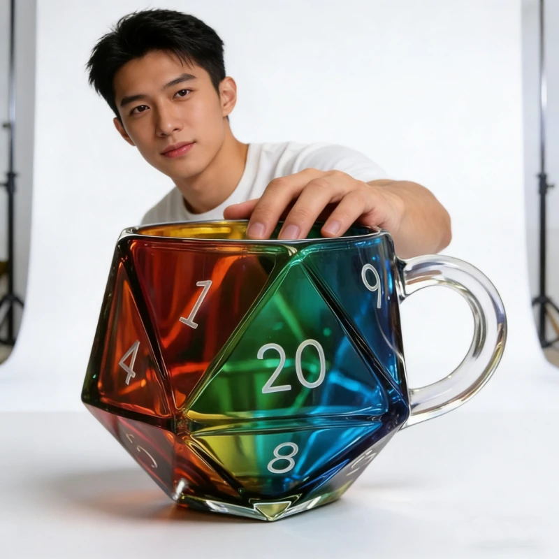Фото Кружка-игральная кость D20 «Радуга» из стекла — посуда с дизайном 20-гранных граней, оригинальная кофейная кружка, идеально подходит для фанатов D&D и геймеров №5