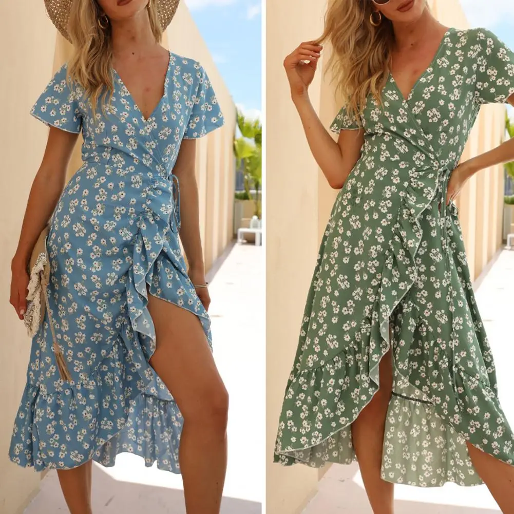 

Летнее женское платье-трапеция, милое элегантное цветочное Бандажное короткое платье с V-образным вырезом и перекрестной шнуровкой, женско...