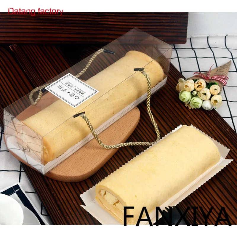 

Baking packing pastry box transparent mousse Swiss cake roll box with rope handle