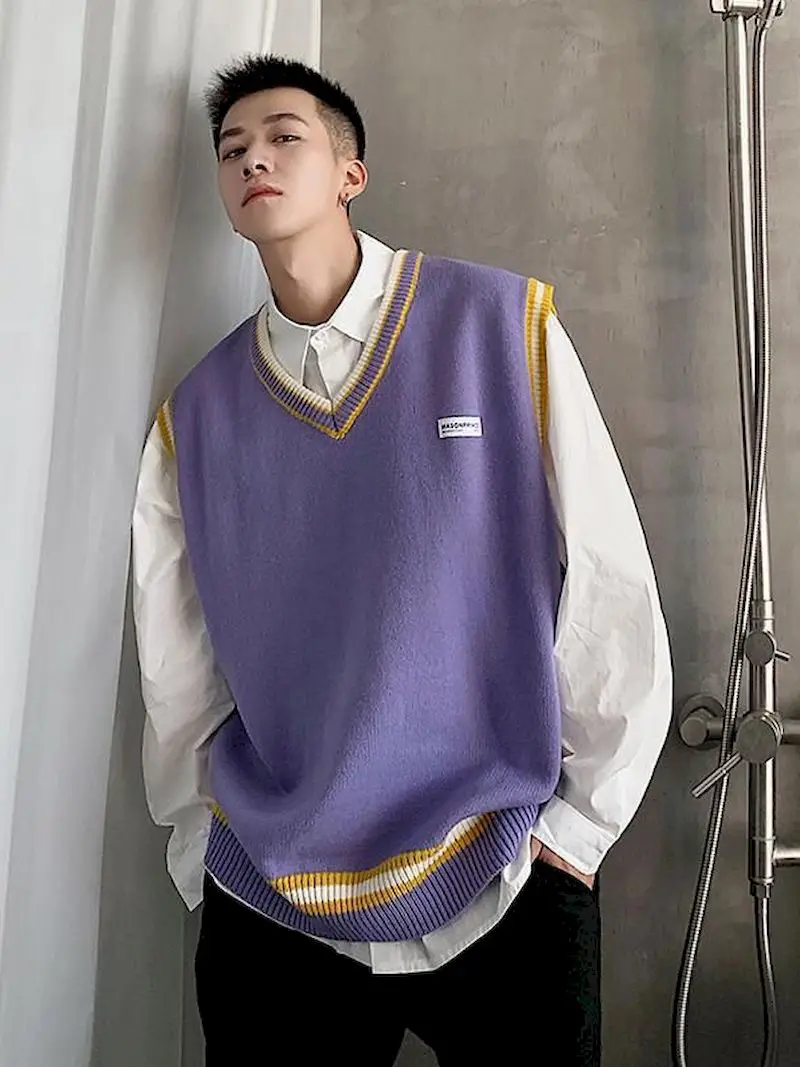 

Men's Knitted Vest College Style Chic Loose Spring Fall Holiday Men Outfits Harajuku Sleeveless Knitwear Basic Tops Popular Y2k