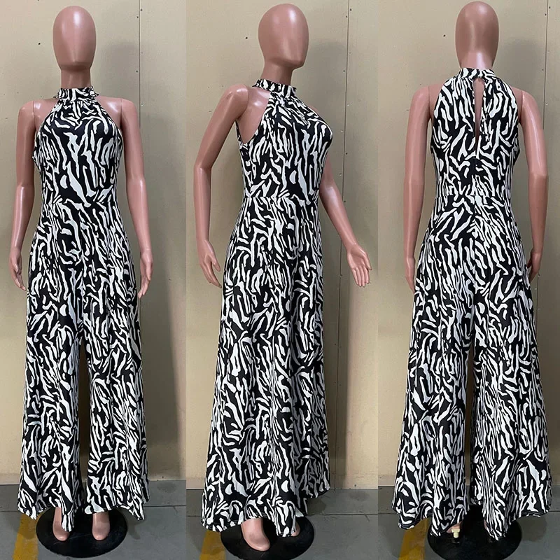 Женский комбинезон с лямкой на шее элегантный без рукавов широкими штанинами и