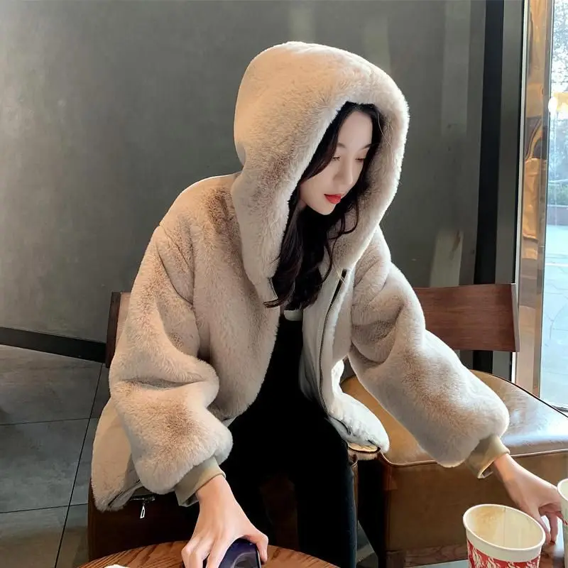 Fur Coat New Women Long Sleeve Winter Fluffy Thick Warm Faux Rabbit Hooded Fur Jacket Coats Black Fashion Outwear High Quality