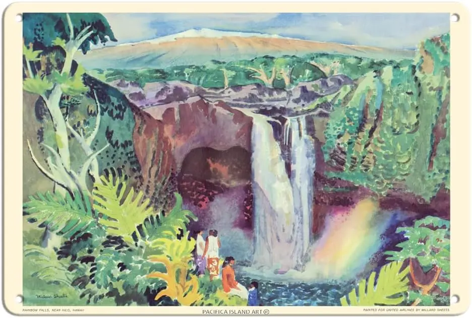 fc slnd rt Rnbow Flls (Wānuenue) — Hlo Hw’ Unted r Lnes Vntge rlne Trvel Плакат от Mllrd Sheets c.1952-8 x 12 nch Metl