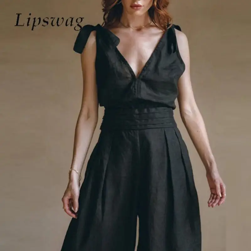 

Комплект из топа и длинных брюк с V-образным вырезом, из хлопка и льна