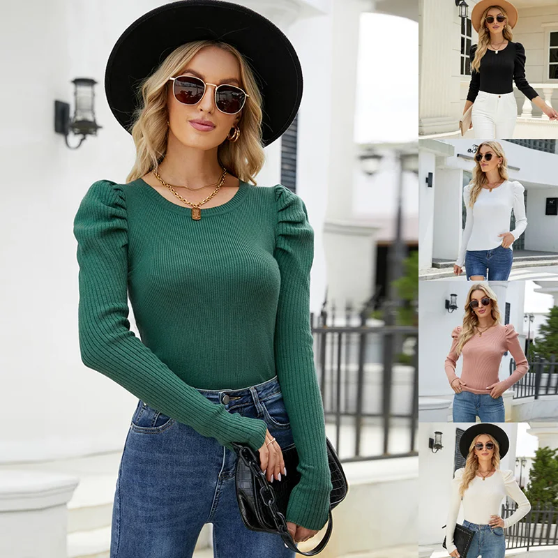 

Long-Sleeved Sweater Knitted Sweater Stitching Round Neck Pleated Loose New Temperament Commuter Women's Clothing