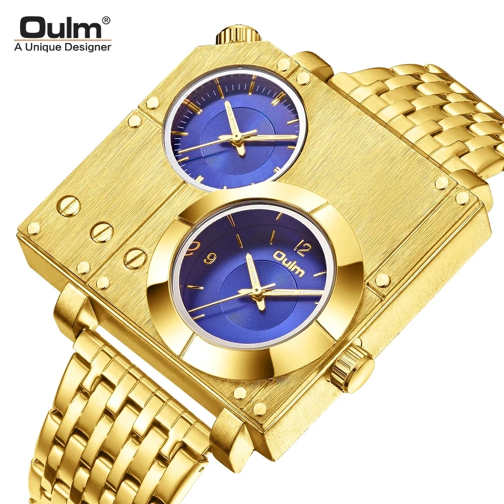 

Oulm 5024 Luxury Brand Golden Men's Watches Stainless Steel Male Quartz Wristwatch Two Time Zone Watch Relogio Masculino