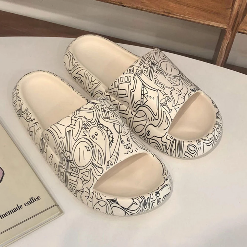 Шлепанцы унисекс на толстой подошве сланцы с мультяшным принтом граффити корова