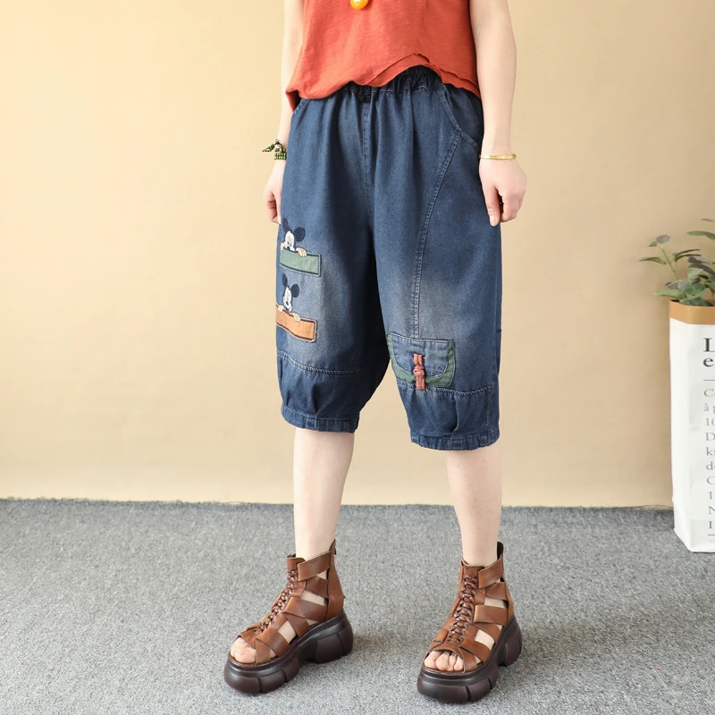 Summer Cartoon Patch Embroidered Denim Short Pants Women's Loose Oversized Frog Button Ankle-Tied Pants Lightweight Underpants
